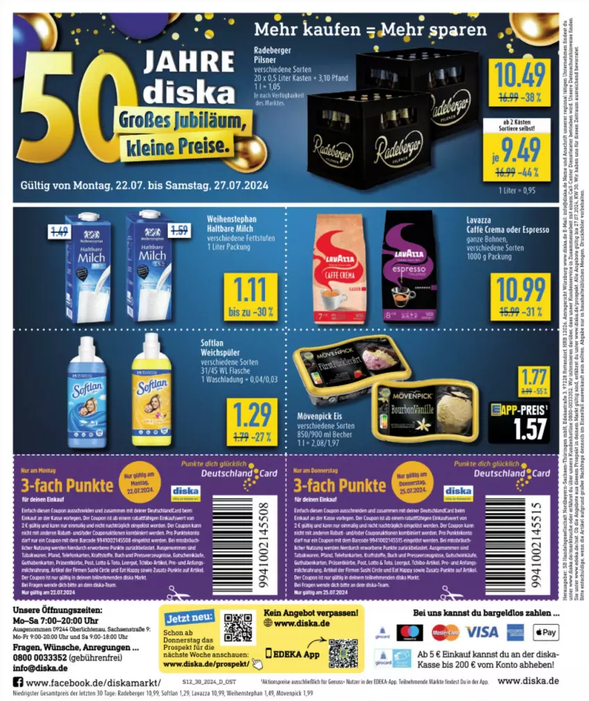 Aktueller Prospekt Diska - von 22.07 bis 27.07.2024 - strona 14 - produkty: angebot, angebote, Astra, Bau, Becher, Berger, cin, coupon, deka, deutschland card, eis, erde, espresso, flasche, lavazza, mövenpick, mövenpick eis, nuss, oder espresso, radeberger, reis, ring, sac, Schal, Softlan, tee, Ti, Tiere, uhr, weihenstephan, ZTE