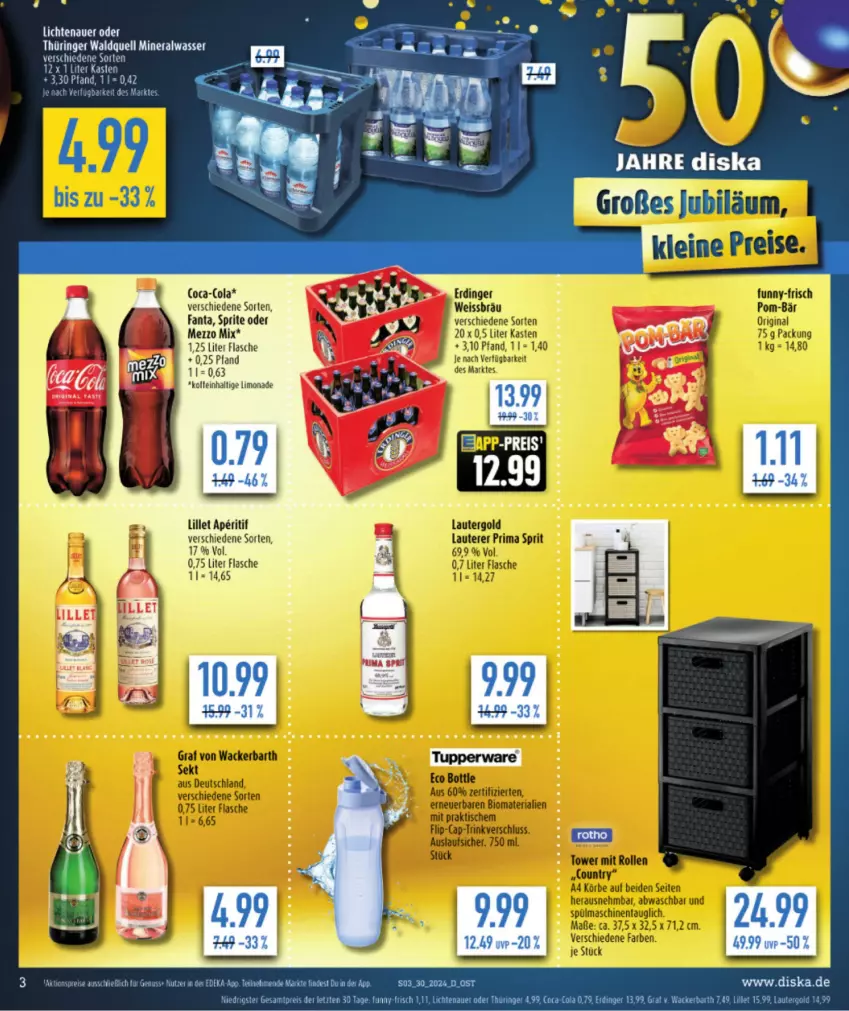 Aktueller Prospekt Diska - von 22.07 bis 27.07.2024 - strona 5 - produkty: Alwa, aperitif, auer, eis, elle, fanta, flasche, lichtenauer, lillet, limo, limonade, Mezzo Mix, mineralwasser, reis, ring, sprite, tee, teller, Ti, wasser, ZTE