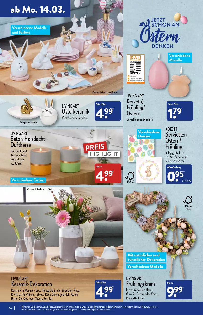 Aktueller Prospekt Aldi Nord - Aldi-Aktuell - von 14.03 bis 19.03.2022 - strona 10 - produkty: apfel, auer, dekoration, dell, Duftkerze, eis, elle, gin, Holz, kerze, Kranz, Mode, reis, Serviette, servietten, tablet, tablett, Ti, Vase, ZTE