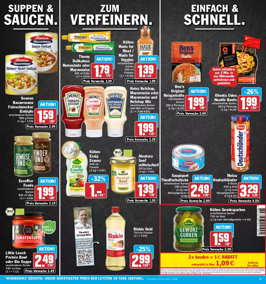 Aktueller Prospekt Aez - Prospekte - von 04.09 bis 09.09.2023 - strona 11 - produkty: bio, Brei, coupon, coupons, eintöpfe, eis, elle, erde, essig, feinschmecker, fisch, flasche, gabel, gewürz, Gewürzgurke, gewürzgurken, gin, Gläser, gurke, gurken, heinz, hüftsteak, ketchup, Kühne, mayonnaise, meica, mikrowelle, natur, natura, reis, remoulade, sauce, saucen, saupiquet, senf, sofort-rabatt, steak, suppe, suppen, thomy, thunfisch, Ti, Tiere, veggie, Yo, ZTE