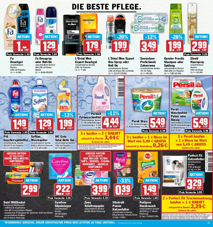 Aktueller Prospekt Aez - Prospekte - von 04.09 bis 09.09.2023 - strona 13 - produkty: aktiv gel, asti, beutel, bio, carefree, coupon, creme, deo, deo spray, deospray, duschgel, eimer, eis, elnett, ente, erde, fa duschgel, feinwaschmittel, flasche, fructis, garnier, geschirr, geschirrspülmittel, haarspray, hundesnack, Kamill, kamille, katzenfutter, kraft, L´Oréal, müllbeutel, papier, pedigree, Perfect Fit, persil, persil waschmittel, perwoll, pril, Rauch, reis, roll-on, Roller, rwe, Schal, Schale, sensodyne, shampoo, shampoo oder spülung, slip, slipeinlagen, snack, Softlan, spülmittel, spülung, swirl, Ti, Tiere, tisch, toilettenpapier, Trockennahrung, vita, vitakraft, waschmittel, wc ente, weichspüler, zahncreme, zewa, ZTE