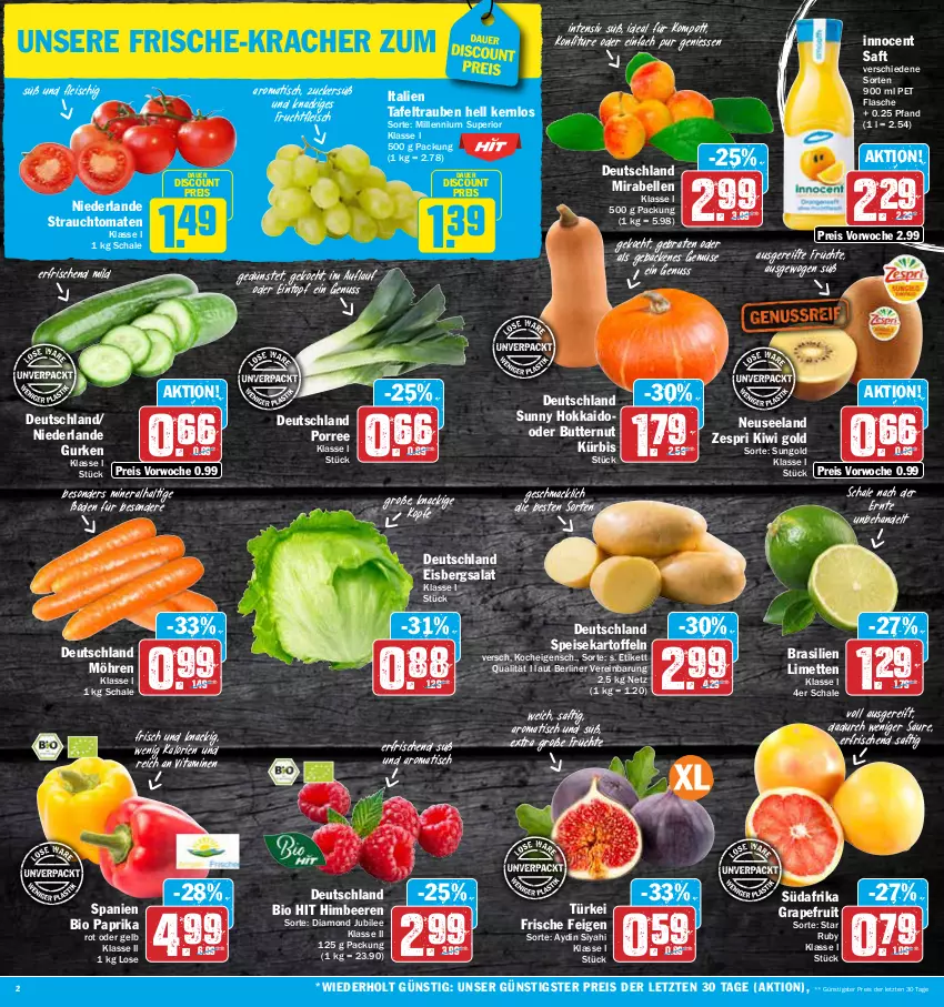 Aktueller Prospekt Aez - Prospekte - von 04.09 bis 09.09.2023 - strona 2 - produkty: auer, beere, beeren, berliner, bio, bio hit, braten, butter, discount, eintopf, eis, eisbergsalat, Elan, elle, Feigen, flasche, fleisch, frucht, früchte, fruchtfleisch, geback, grapefruit, gurke, gurken, himbeer, himbeere, himbeeren, Innocent, kartoffel, kartoffeln, kiwi, Kiwi Gold, konfitüre, kracher, Kürbis, limette, limetten, mac, Mett, metten, möhren, nuss, paprika, paprika rot, Rauch, reis, saft, salat, Schal, Schale, speisekartoffeln, strauchtomaten, tafeltrauben, Ti, tisch, tomate, tomaten, topf, trauben, vita, Vitamine, zespri, ZTE, zucker