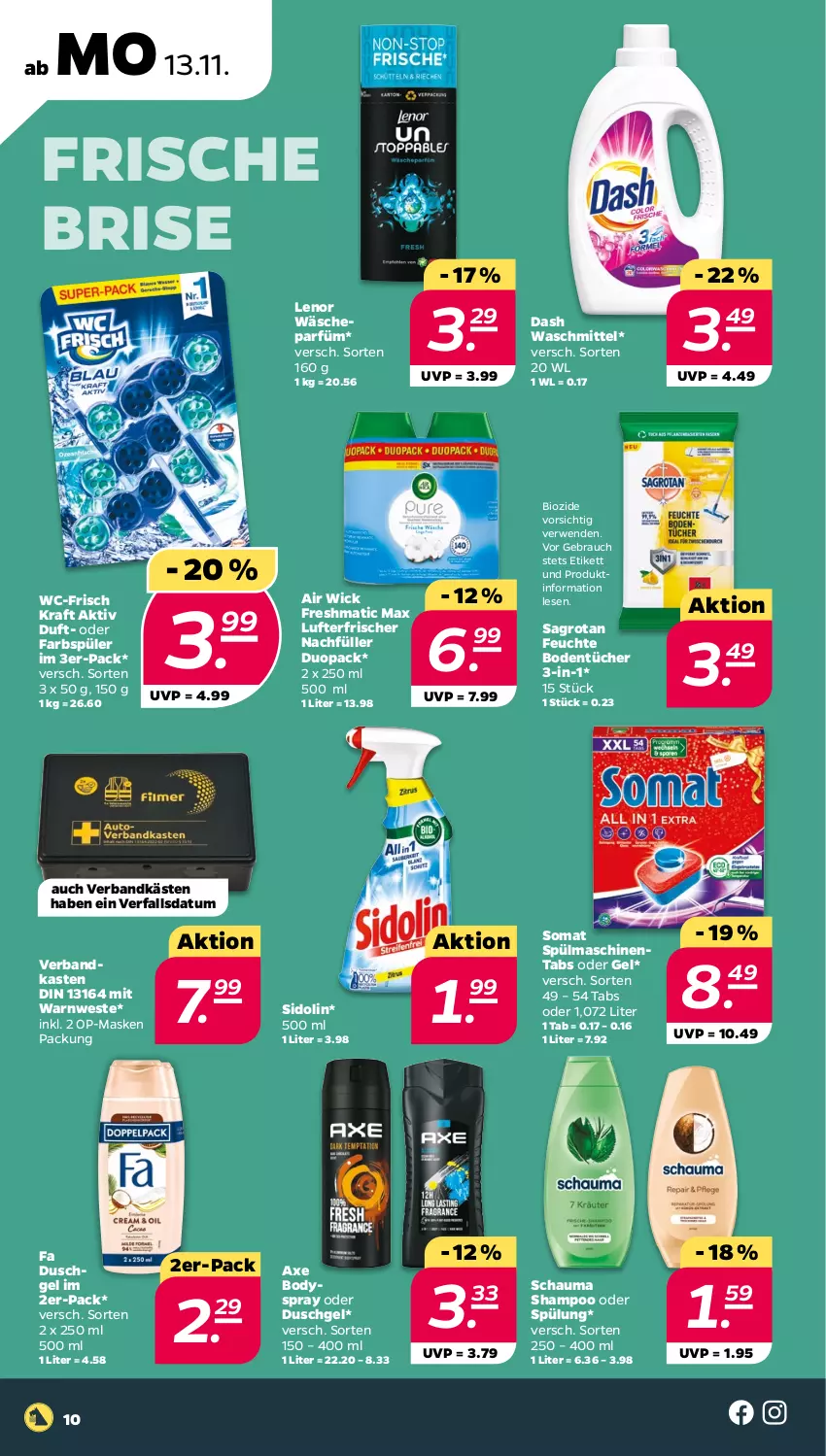 Aktueller Prospekt Netto - Woche 46 - von 13.11 bis 18.11.2023 - strona 10 - produkty: Air Wick, axe, bio, Bodentücher, body, bodyspray, duschgel, fa duschgel, kraft, lenor, lufterfrischer, Maske, ndk, Rauch, rwe, sagrotan, schauma, schauma shampoo, shampoo, shampoo oder spülung, sidolin, somat, spülmaschinen, spülmaschinentabs, spülung, Ti, tücher, Verbandkasten, Warnweste, wäscheparfüm, waschmittel, Weste, WICK