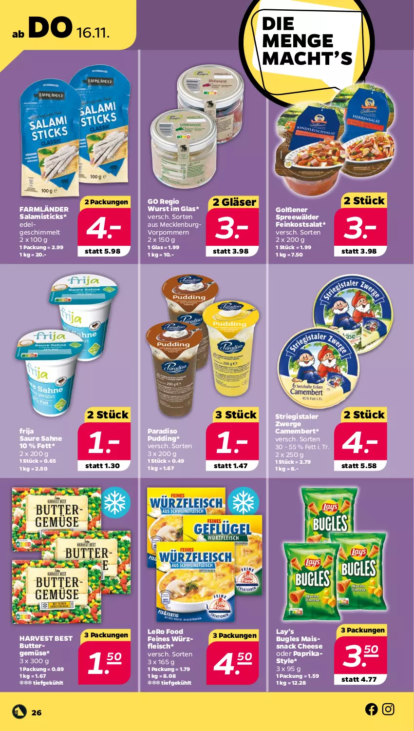 Aktueller Prospekt Netto - Woche 46 - von 13.11 bis 18.11.2023 - strona 26 - produkty: bugles, butter, camembert, eis, feinkost, fleisch, Gläser, LG, mais, paprika, pudding, sahne, salami, salat, snack, spreewälder, Ti, wurst