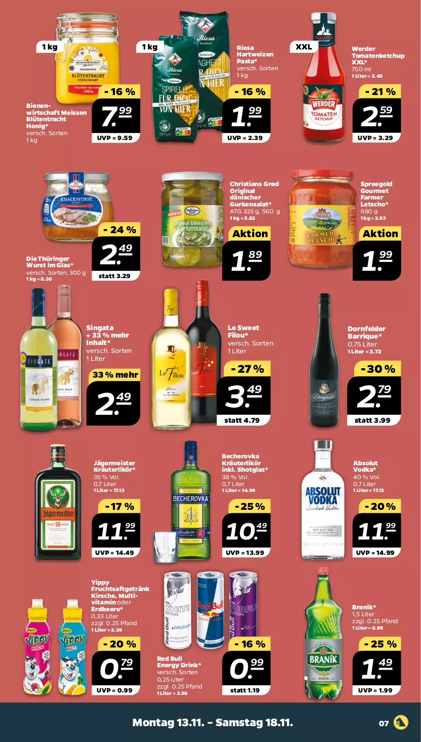 Aktueller Prospekt Netto - Woche 46 - von 13.11 bis 18.11.2023 - strona 7 - produkty: Absolut Vodka, Becher, Becherovka, beere, Blüte, dornfelder, drink, eis, energy drink, erdbeere, erde, frucht, fruchtsaft, fruchtsaftgetränk, Germ, getränk, gin, gurke, gurken, gurkensalat, hartweizen, hero, honig, jägermeister, ketchup, kirsch, kirsche, kräuter, kräuterlikör, Letscho, likör, Meister, pasta, red bull, riesa, ring, saft, salat, Shotglas, Ti, tomate, tomaten, tomatenketchup, vita, vodka, wurst