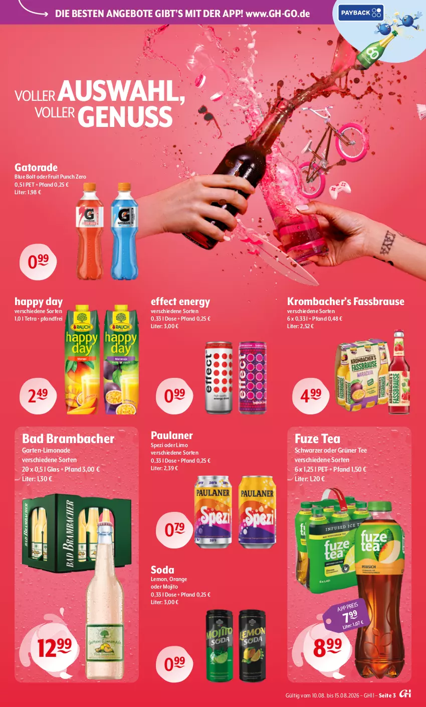 Aktueller Prospekt Getraenke Hoffmann - Prospekte - von 10.08 bis 15.08.2026 - strona 3 - produkty: angebot, angebote, Bad, brause, Effect, eis, fassbrause, fuze tea, Garten, grüner tee, Happy Day, krombache, krombacher, limo, limonade, mojito, nuss, orange, Paula, paulaner, Soda, Spezi, tee, Ti