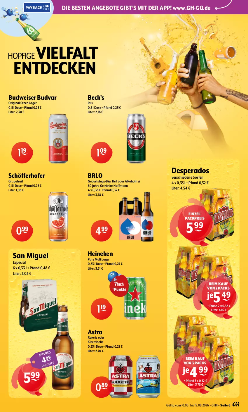 Aktueller Prospekt Getraenke Hoffmann - Prospekte - von 10.08 bis 15.08.2026 - strona 6 - produkty: alkohol, angebot, angebote, Astra, bier, BRLO, budweiser, decke, desperados, eis, getränk, getränke, gin, grapefruit, heineken, pils, reis, schöfferhofer, Ti