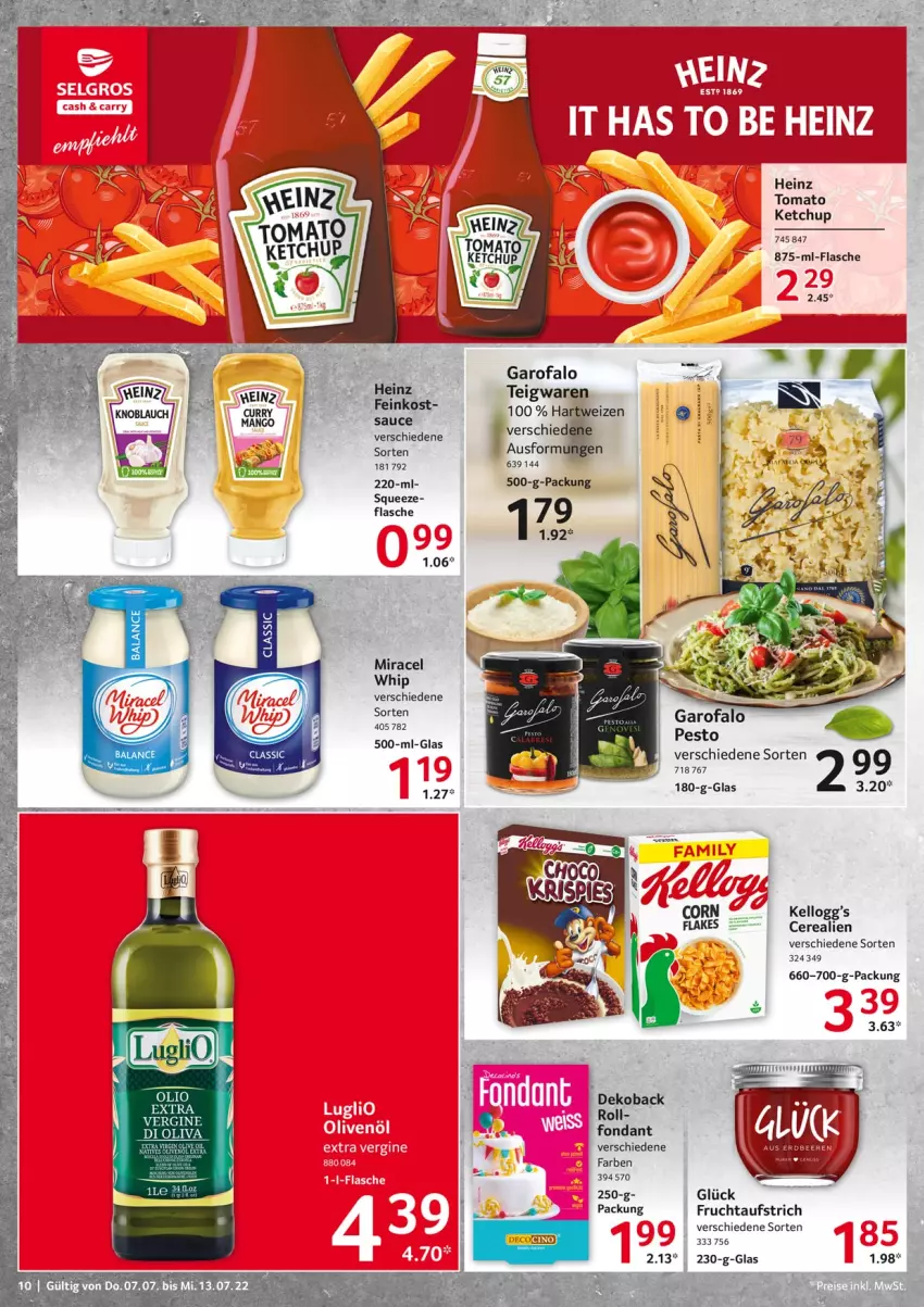 Aktueller Prospekt Selgros - Food - von 07.07 bis 13.07.2022 - strona 10 - produkty: aufstrich, cerealien, flasche, frucht, fruchtaufstrich, gin, hartweizen, heinz, ketchup, miracel, miracel whip, Ti, tomato ketchup