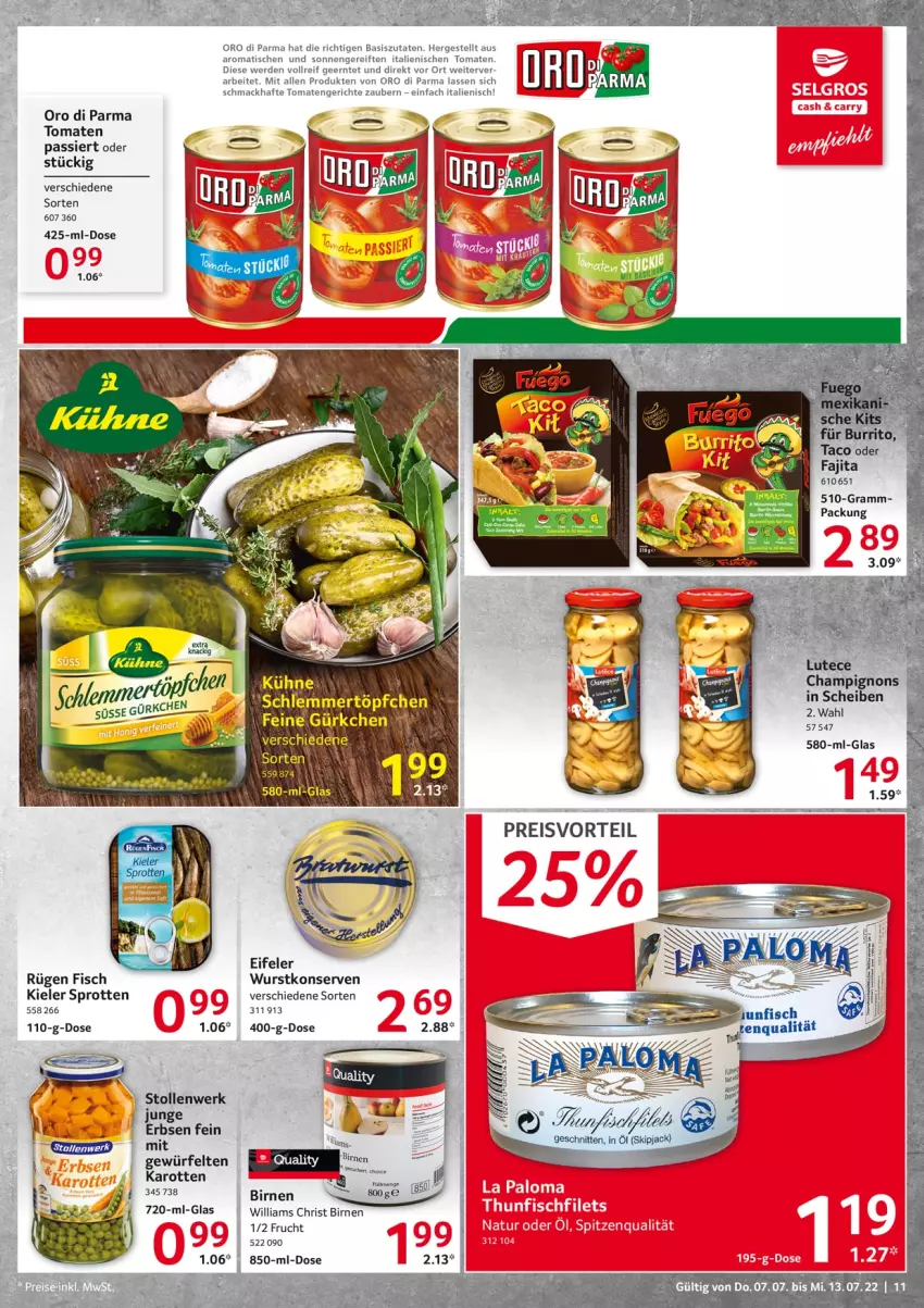 Aktueller Prospekt Selgros - Food - von 07.07 bis 13.07.2022 - strona 11 - produkty: Birnen, eis, erbsen, erde, feine gürkchen, fisch, frucht, karotten, Konserven, mac, oro di parma, preisvorteil, reis, Sprotten, Stollen, Ti, tisch, tomate, tomaten, Tomaten Passiert, wurst, wurstkonserven