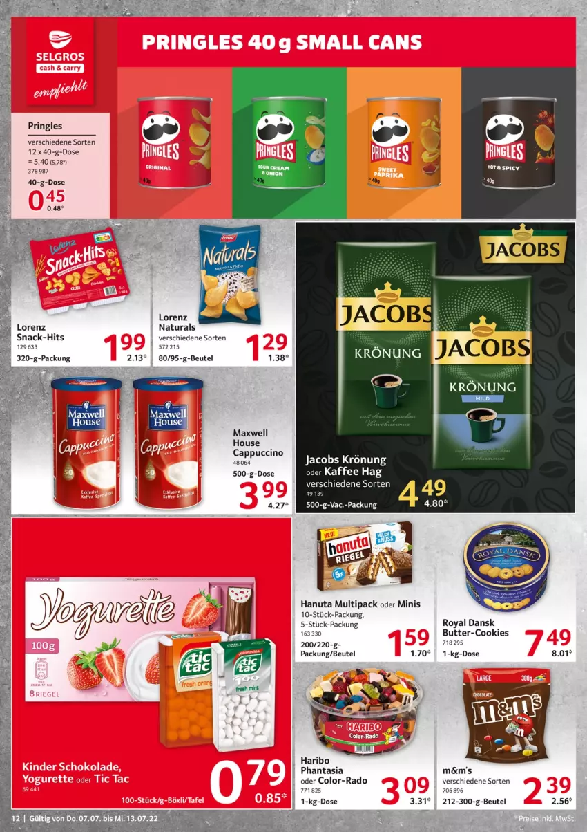 Aktueller Prospekt Selgros - Food - von 07.07 bis 13.07.2022 - strona 12 - produkty: beutel, butter, Cap, cappuccino, cin, cookie, cookies, hanuta, haribo, jacobs, jacobs krönung, lorenz, natur, natura, pringles, ring, Ti