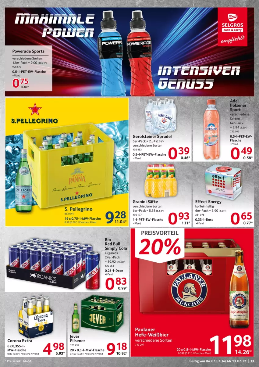 Aktueller Prospekt Selgros - Food - von 07.07 bis 13.07.2022 - strona 13 - produkty: bier, bio, cola, corona, corona extra, Effect, eis, elle, flasche, gerolsteine, gerolsteiner, granini, jever, mw-flasche, natur, pils, pilsener, preisvorteil, red bull, reis, säfte, sim, Sport, Sprudel, steiner, Ti