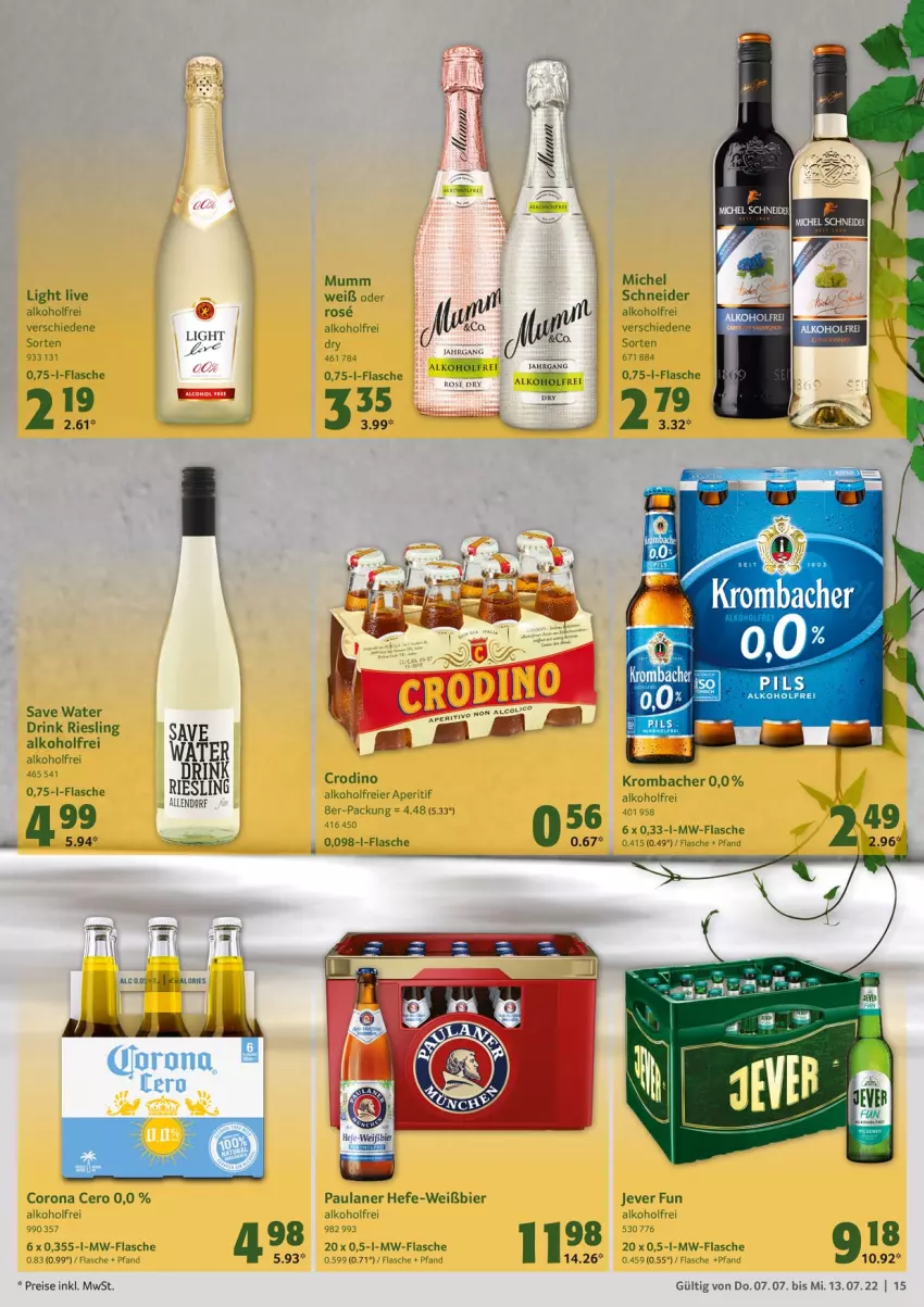 Aktueller Prospekt Selgros - Food - von 07.07 bis 13.07.2022 - strona 15 - produkty: alkohol, aperitif, bier, corona, drink, eier, eis, flasche, Hefe, jever, krombache, krombacher, mumm, mw-flasche, Paula, paulaner, reis, riesling, tee, Ti