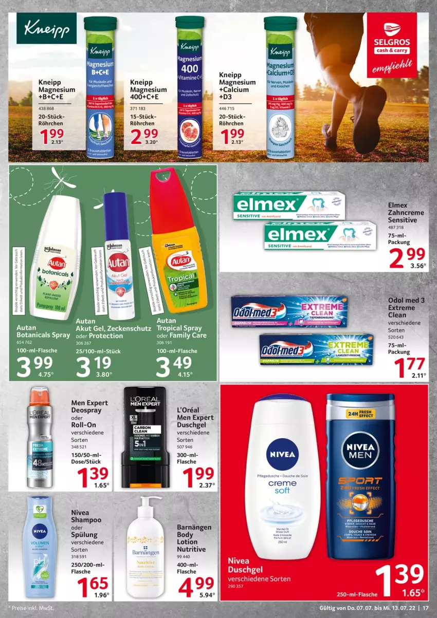 Aktueller Prospekt Selgros - Food - von 07.07 bis 13.07.2022 - strona 17 - produkty: body, Calcium, creme, deo, deospray, duschgel, elle, elmex, kneipp, LG, Lotion, magnesium, mint, nivea, Odol, odol med, Revital, roll-on, shampoo, spülung, tablet, tablett, tee, Ti, vita, vitalis, zahncreme