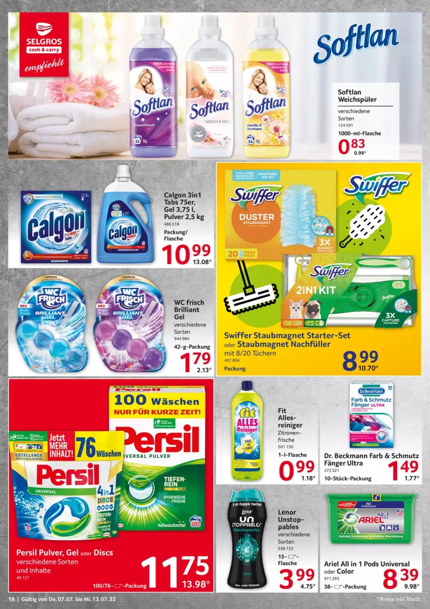 Aktueller Prospekt Selgros - Food - von 07.07 bis 13.07.2022 - strona 18 - produkty: ariel, calgon, Cap, Dr. Beckmann, elle, flasche, lenor, LG, lion, persil, Pods, reiniger, rind, Softlan, staubmagnet, swiffer, tee, Ti, tücher, wc frisch, weichspüler, zitrone, zitronen