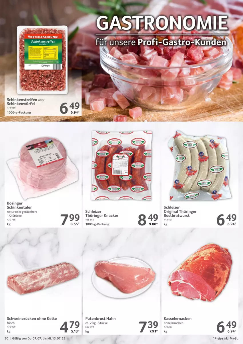 Aktueller Prospekt Selgros - Food - von 07.07 bis 13.07.2022 - strona 20 - produkty: bratwurst, eis, gin, kasseler, Kette, knacker, natur, original thüringer, pute, putenbrust, reifen, reis, ring, rostbratwurst, schinken, schwein, schweine, schweinerücken, Ti, wein, weine, würfel, wurst