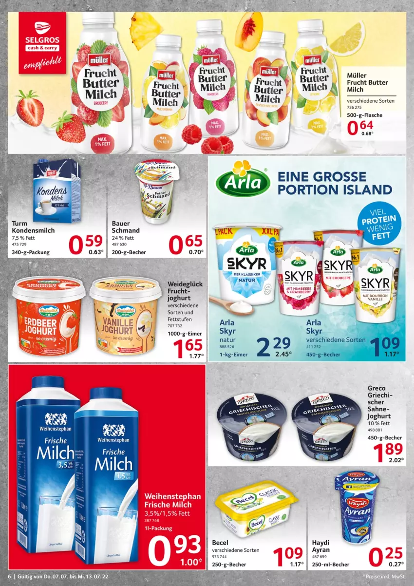 Aktueller Prospekt Selgros - Food - von 07.07 bis 13.07.2022 - strona 6 - produkty: arla, arla skyr, auer, Ayran, Bau, Bauer, becel, Becher, bourbon, bourbon vanille, butter, eimer, flasche, frische milch, frucht, joghur, joghurt, kondensmilch, milch, Müller, natur, sahne, schmand, Skyr, Ti, vanille, weihenstephan