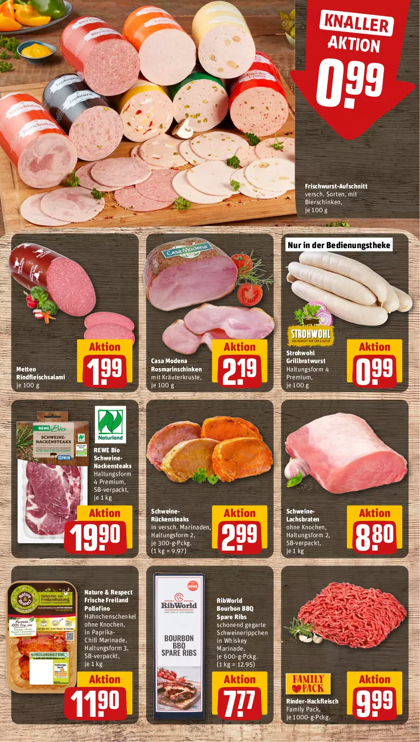 Aktueller Prospekt Rewe - Prospekte - von 26.08 bis 31.08.2024 - strona 10 - produkty: aufschnitt, bier, bierschinken, bio, bourbon, braten, bratwurst, Casa Modena, chili, eis, fleisch, frischwurst-aufschnitt, grill, grillbratwurst, hackfleisch, hähnchenschenkel, henkel, kräuter, lachs, Lachsbraten, marinade, Mett, metten, Mode, Nackensteak, nackensteaks, natur, paprika, rewe bio, rind, rinder, rinder-hackfleisch, rindfleisch, rosmarin, Rückensteak, rückensteaks, salami, schenkel, schinken, schwein, schweine, Schweinelachs, schweinenacken, schweinerücken, spare ribs, steak, steaks, Ti, wein, weine, whiskey, wurst