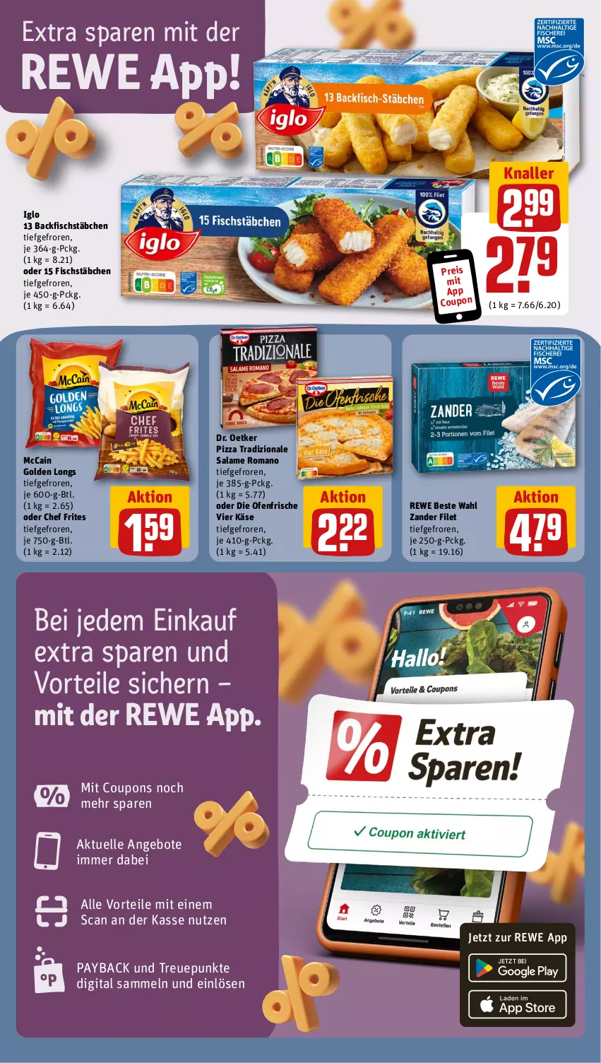 Aktueller Prospekt Rewe - Prospekte - von 26.08 bis 31.08.2024 - strona 13 - produkty: angebot, angebote, backfisch, coupon, coupons, die ofenfrische, Dr. Oetker, eis, elle, filet, fisch, fischstäbchen, Golden Longs, iglo, Käse, mccain, Ofen, payback, pizza, pizza tradizionale, reis, rewe beste wahl, salame romano, Ti, tradizionale, Zander