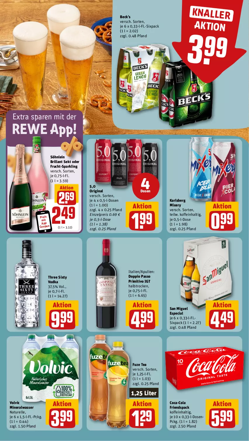 Aktueller Prospekt Rewe - Prospekte - von 26.08 bis 31.08.2024 - strona 14 - produkty: Alwa, brillant sekt, coca-cola, cola, coupon, doppio passo, eis, elle, frucht, fuze tea, gin, karlsberg, karlsberg mixery, mineralwasser, Mixer, mixery, natur, passo, primitivo, reis, rel, sekt, söhnlein, söhnlein brillant, Three Sixty, Ti, vodka, volvic, wasser