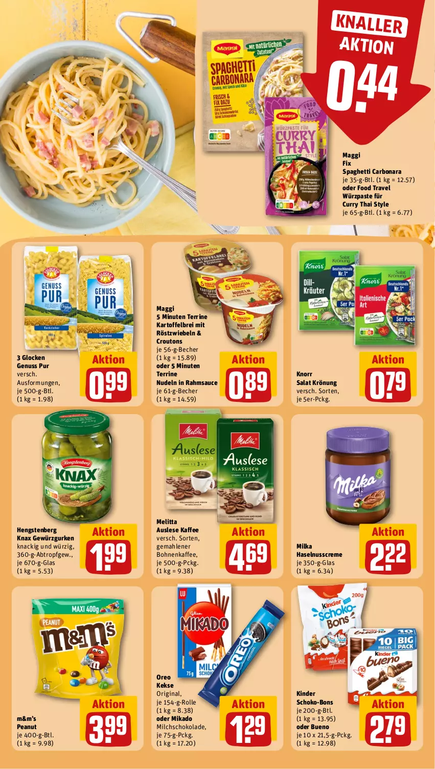 Aktueller Prospekt Rewe - Prospekte - von 26.08 bis 31.08.2024 - strona 15 - produkty: Becher, bohne, bohnen, bohnenkaffee, Bona, Brei, creme, croutons, curry, gemahlener bohnenkaffee, gewürz, Gewürzgurke, gewürzgurken, gin, gurke, gurken, haselnuss, Haselnusscreme, hengstenberg, kaffee, kartoffel, kartoffelbrei, keks, kekse, Kinder, knorr, maggi, maggi fix, melitta, mikado, milch, milka, mit röstzwiebeln, nudel, nudeln, nuss, oreo, röstzwiebeln, salat, sauce, schoko, schoko-bons, schokolade, spaghetti, terrine, Ti, zwiebel, zwiebeln