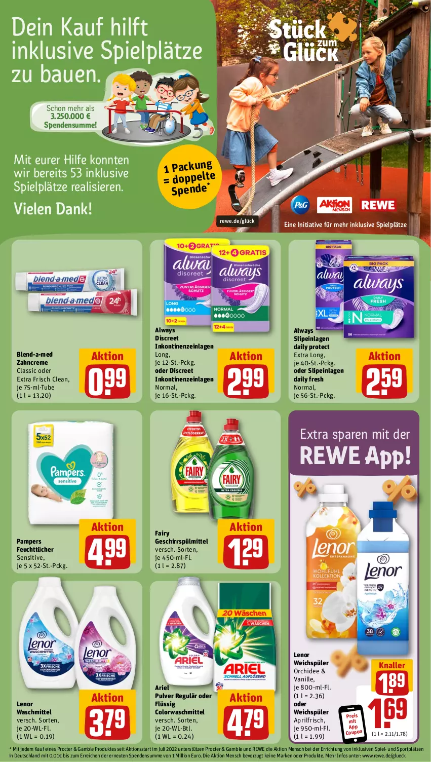 Aktueller Prospekt Rewe - Prospekte - von 26.08 bis 31.08.2024 - strona 18 - produkty: Alwa, Always, ariel, Bau, blend-a-med, colorwaschmittel, coupon, creme, Discreet, eis, fairy, feuchttücher, geschirr, geschirrspülmittel, lenor, lenor waschmittel, lenor weichspüler, lion, orchidee, pampers, pril, reis, slip, slipeinlagen, Sport, spülmittel, Ti, tücher, vanille, waschmittel, weichspüler, zahncreme