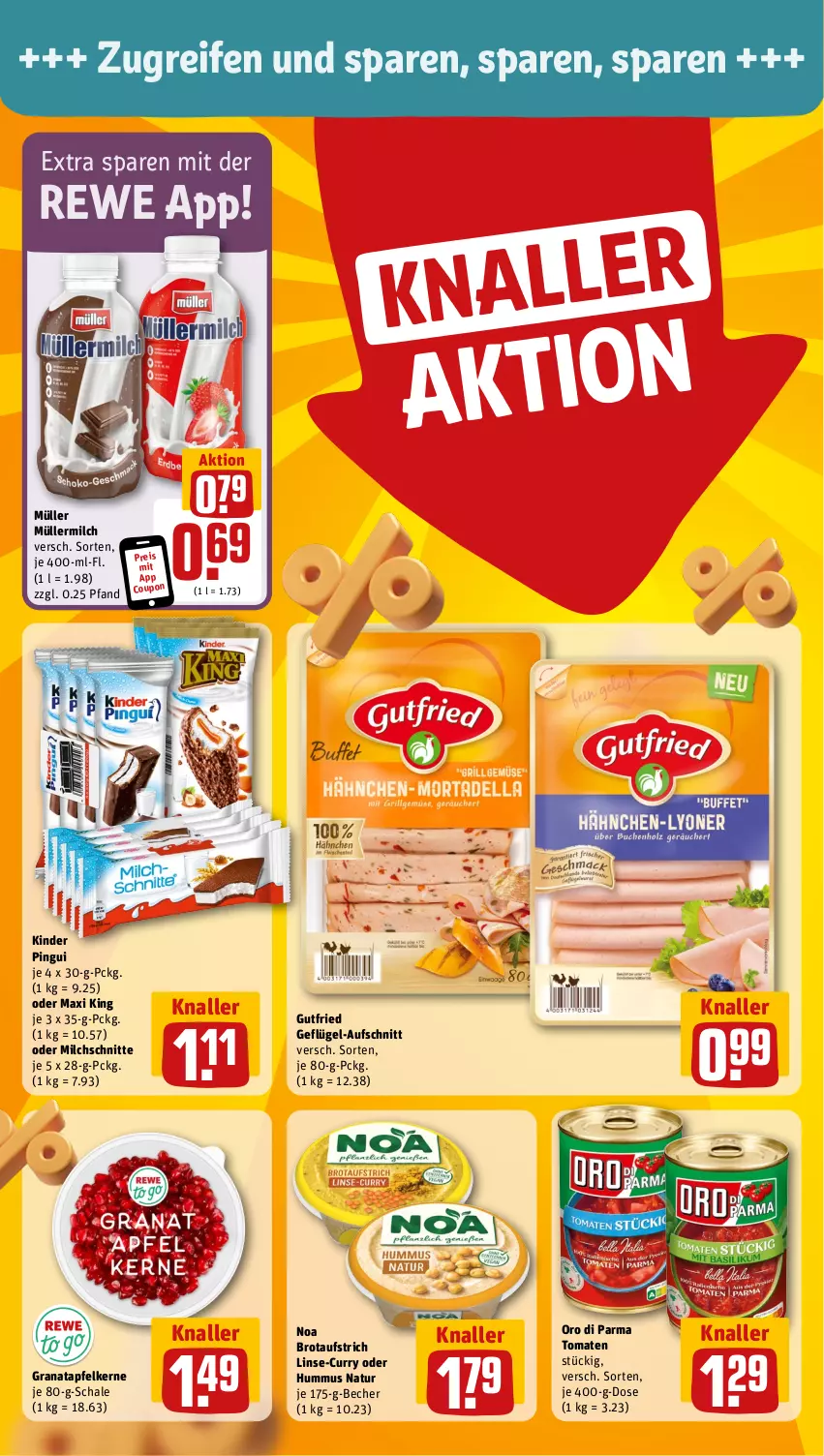 Aktueller Prospekt Rewe - Prospekte - von 26.08 bis 31.08.2024 - strona 4 - produkty: apfel, aufschnitt, aufstrich, Becher, brot, brotaufstrich, curry, eis, Geflügel, grana, granatapfel, granatapfelkerne, gutfried, hummus, Kinder, kinder pingui, milch, Milchschnitte, Müller, müllermilch, natur, oro di parma, pingui, Rana, reifen, reis, Schal, Schale, Ti, tomate, tomaten