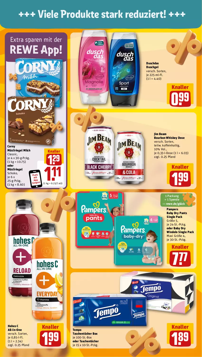 Aktueller Prospekt Rewe - Prospekte - von 26.08 bis 31.08.2024 - strona 5 - produkty: bourbon, bourbon whiskey, corny, coupon, duschdas, duschgel, eis, Hohes C, jim beam, milch, müsli, Müsliriegel, pampers, pampers baby dry, Pants, reis, riegel, schoko, Tasche, taschen, taschentücher, Tempo, Ti, tücher, whiskey, windeln