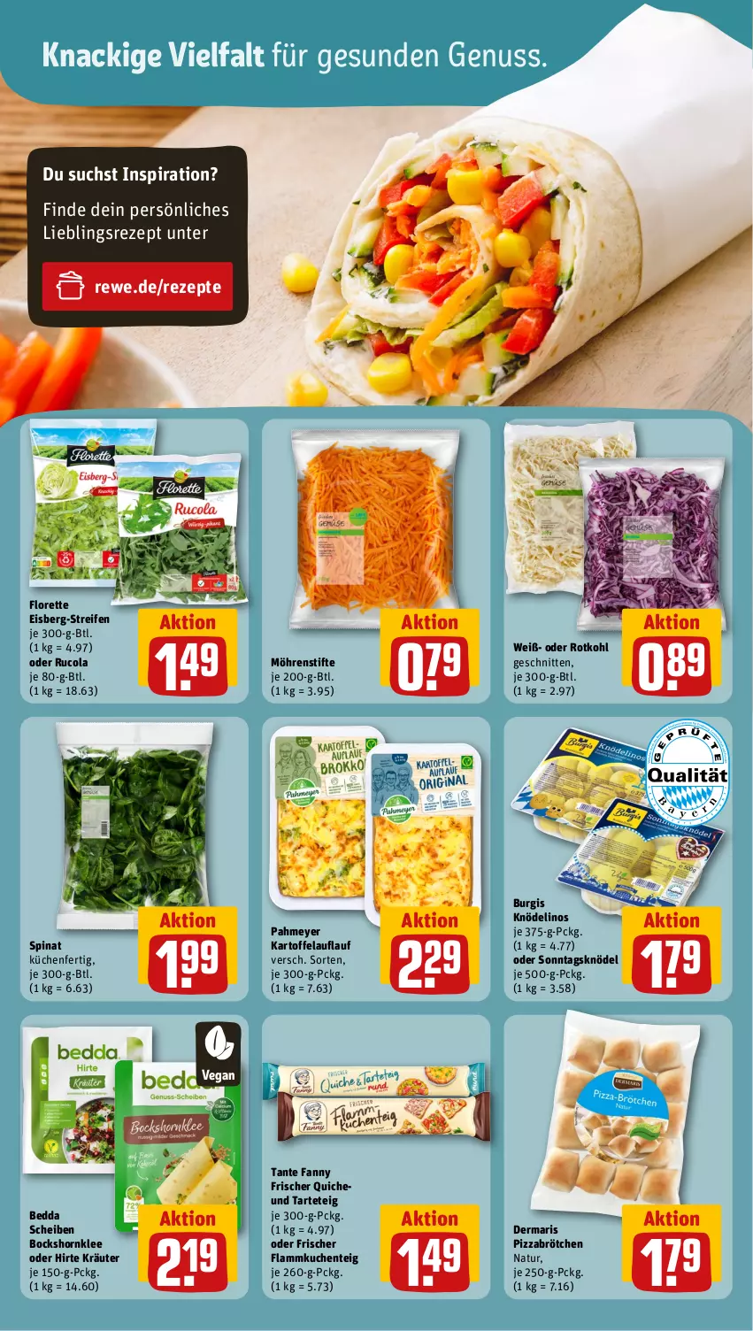 Aktueller Prospekt Rewe - Prospekte - von 26.08 bis 31.08.2024 - strona 9 - produkty: brötchen, cola, eis, ente, flammkuchen, Flammkuchenteig, florette, Heu, kartoffel, Knödel, kräuter, küche, kuchen, Küchen, lamm, möhren, natur, nuss, pizza, Quiche, reifen, rezept, rezepte, rotkohl, rucola, schnitten, spinat, stifte, tante fanny, Ti