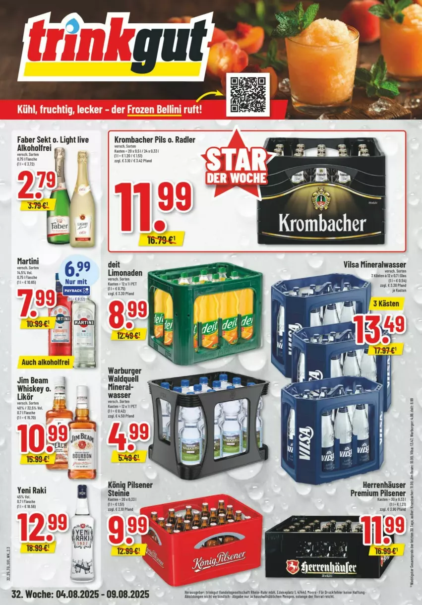 Aktueller Prospekt Trinkgut - Prospekte - von 03.08 bis 09.08.2025 - strona 1 - produkty: alkohol, burger, deit, deka, eis, flasche, jim beam, könig pilsener, krombache, krombacher, krombacher pils, limo, limonade, limonaden, martini, pils, pilsener, premium pils, radler, reis, sekt, Ti, yeni raki, Yo, ZTE