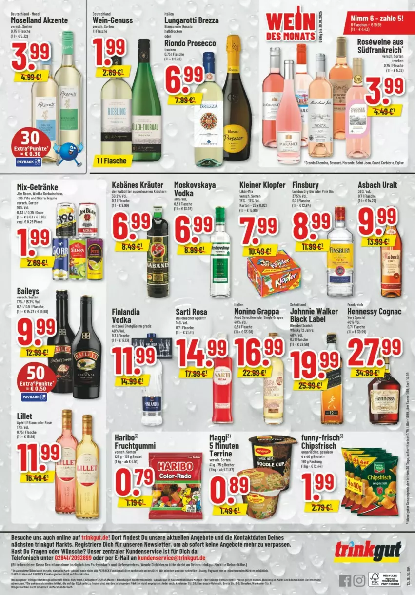 Aktueller Prospekt Trinkgut - Prospekte - von 03.08 bis 09.08.2025 - strona 6 - produkty: angebot, angebote, aperitif, asbach uralt, baileys, Bau, bier, black label, chips, chipsfrisch, Cognac, eis, elle, ente, finsbury, flasche, frucht, fruchtgummi, funny-frisch, getränk, getränke, Gläser, grappa, haribo, johnnie walker, kleiner klopfer, kräuter, lack, leine, lillet, moselland, moskovskaya, nuss, reis, rosato, telefon, terrine, Ti, vodka, wein, weine, ZTE