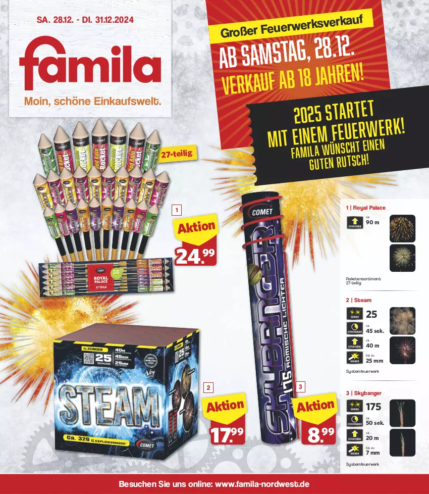 Aktueller Prospekt Famila - Prospekte - von 28.12 bis 31.12.2024 - strona 1 - produkty: Raketen, Raketensortiment, rwe, Systemfeuerwerk, Ti