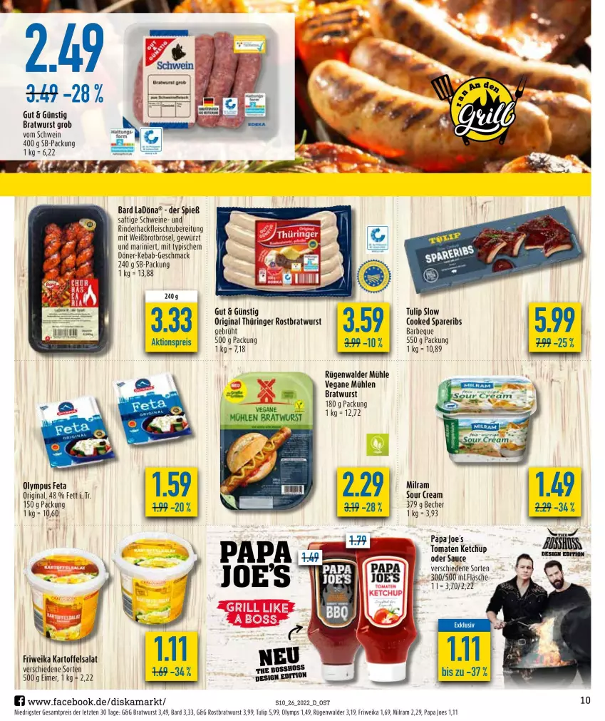 Aktueller Prospekt Diska - Prospekte - von 27.06 bis 02.07.2022 - strona 10 - produkty: aktionspreis, Becher, bratwurst, brot, eimer, eis, feta, flasche, fleisch, gewürz, gin, hackfleisch, kartoffel, kartoffelsalat, ketchup, mac, milram, original thüringer, reis, rind, rinder, rinderhackfleisch, ring, rostbratwurst, rügenwalder, rügenwalder mühle, saft, salat, sauce, schwein, schweine, spareribs, thüringer rostbratwurst, Ti, tomate, tomaten, tomaten ketchup, tulip, wein, weine, wurst, ZTE