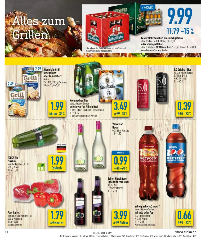 Aktueller Prospekt Diska - Prospekte - von 27.06 bis 02.07.2022 - strona 11 - produkty: aktionspreis, alkohol, Alpenhain, beere, bier, bio, deka, edeka bio, eis, flasche, getränk, gin, grill, hugo, jever, Käse, krombache, krombacher, likör, limo, limonade, Mirinda, natur, nuss, paprika, paprika rot, pepsi, reis, rind, Schwip Schwap, Ti, vescovino, ZTE, zucchini