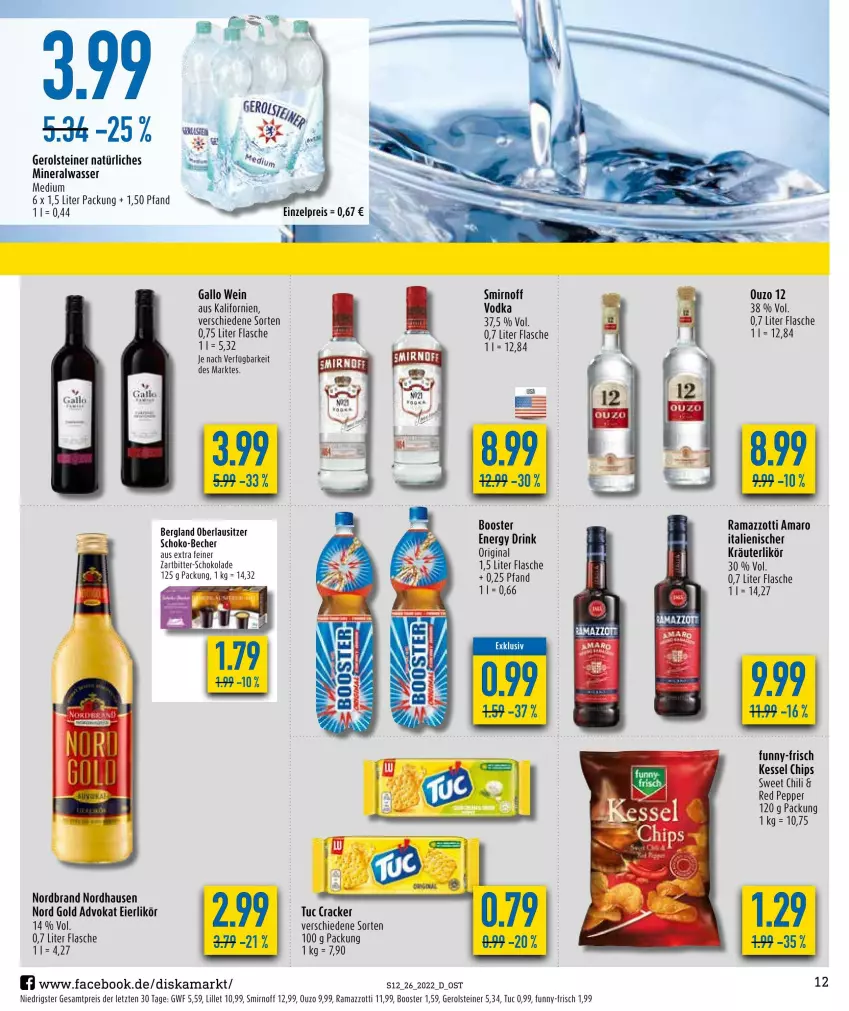 Aktueller Prospekt Diska - Prospekte - von 27.06 bis 02.07.2022 - strona 12 - produkty: Alwa, amaro, Becher, chili, chips, cracker, eier, eierlikör, eis, flasche, funny-frisch, gallo, gerolsteine, gerolsteiner, gin, kräuter, kräuterlikör, likör, lillet, mineralwasser, Mineralwasser Medium, natürliches mineralwasser, nordbrand, ouzo, ouzo 12, rama, ramazzott, ramazzotti, reis, schoko, schokolade, smirnoff, steiner, Ti, tuc, vodka, wasser, wein, zott, ZTE