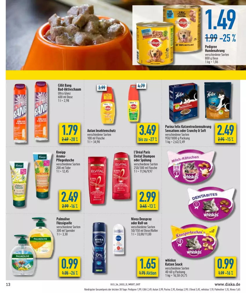 Aktueller Prospekt Diska - Prospekte - von 27.06 bis 02.07.2022 - strona 13 - produkty: Autan, Bad, Cillit, cillit bang, deo, deospray, dusche, eis, elvital, felix, flasche, flüssigseife, hundenahrung, insektenschutz, kneipp, l'oreal, nivea, olive, palmolive, pedigree, pflegedusche, purina, reis, roll-on, Roller, Seife, sekt, sensations, shampoo, snack, spülung, Ti, Trockennahrung, vita, whiskas, ZTE