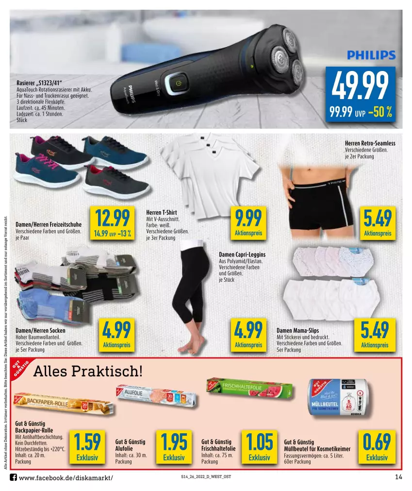 Aktueller Prospekt Diska - Prospekte - von 27.06 bis 02.07.2022 - strona 14 - produkty: akku, alle artikel ohne dekoration, aqua, Bau, beutel, Cap, dekoration, eimer, Freizeitschuhe, frischhaltefolie, gin, kosmetik, kosmetikeimer, mam, müllbeutel, papier, Philips, rasierer, schuhe, shirt, slip, slips, socken, T-Shirt, Ti, tisch