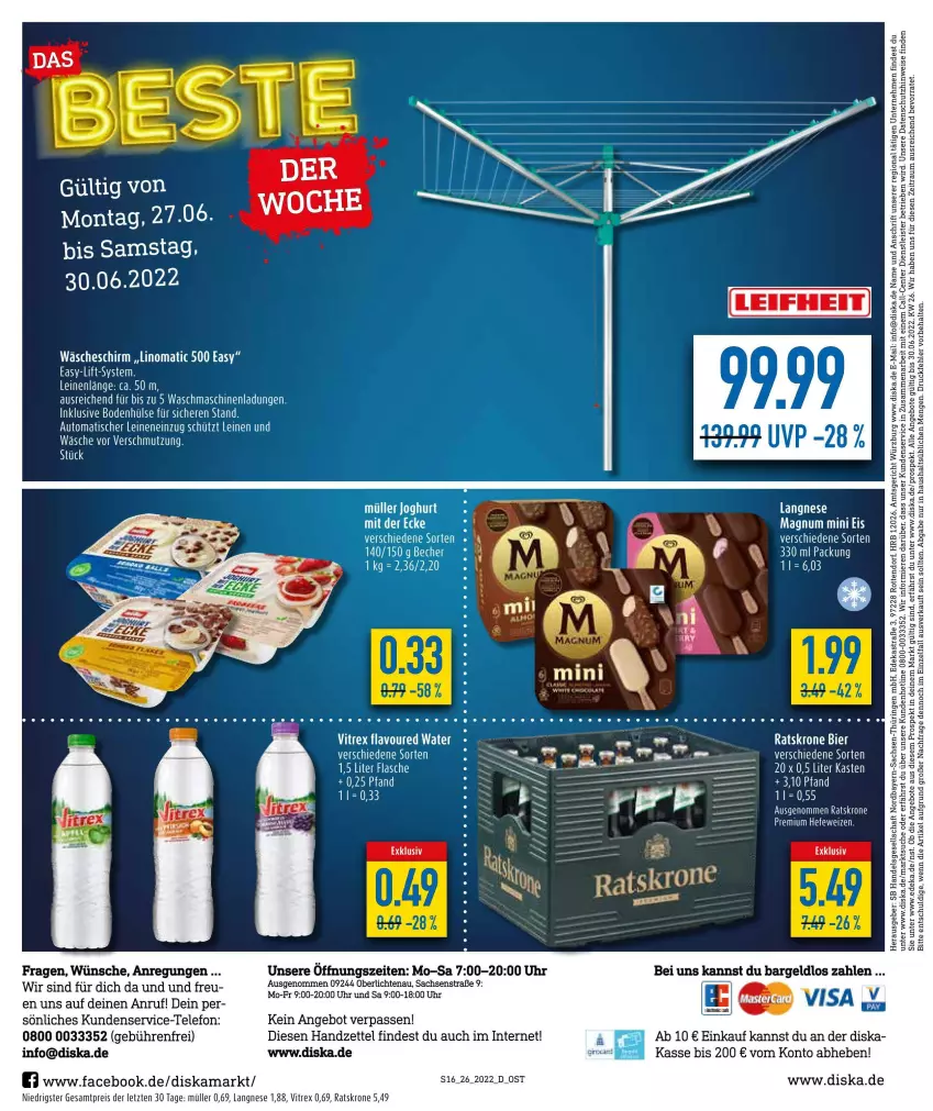 Aktueller Prospekt Diska - Prospekte - von 27.06 bis 02.07.2022 - strona 16 - produkty: angebot, angebote, Astra, auto, deka, eis, ente, krone, langnese, leine, magnum, Magnum Mini, Müller, reis, ring, sac, telefon, Ti, tisch, uhr, vitrex, wäscheschirm, ZTE