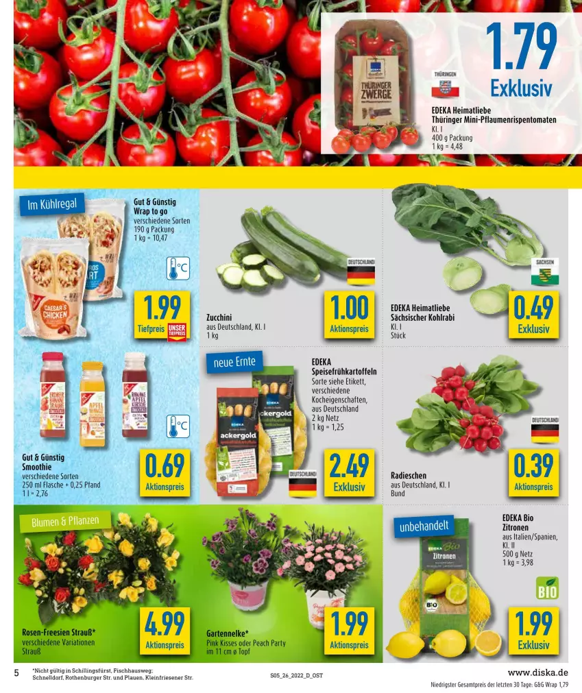 Aktueller Prospekt Diska - Prospekte - von 27.06 bis 02.07.2022 - strona 5 - produkty: aktionspreis, bio, burger, deka, edeka bio, eis, fisch, flasche, Frühkartoffeln, Garten, gartennelke, kartoffel, kartoffeln, kohlrabi, pflaume, pflaumen, radieschen, reis, Ria, ring, rispentomaten, rosen, smoothie, speisefrühkartoffeln, Ti, tiefpreis, tomate, tomaten, topf, wrap, ZTE, zucchini