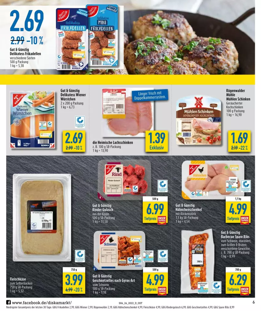 Aktueller Prospekt Diska - Prospekte - von 27.06 bis 02.07.2022 - strona 6 - produkty: barbecue, dell, eis, elle, ente, fleisch, fleischkäse, frikadellen, geschnetzeltes, gulasch, gyros, hähnchenschenkel, henkel, Käse, kochschinken, lachs, lachsschinken, mühlen schinken, reis, rind, rinder, rindergulasch, rügenwalder, schenkel, schinken, spare ribs, tee, Ti, tiefpreis, wiener, würstchen, Zelt, ZTE