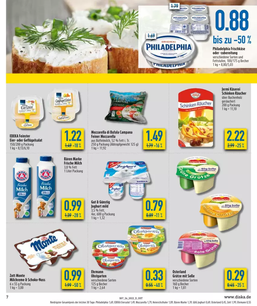 Aktueller Prospekt Diska - Prospekte - von 27.06 bis 02.07.2022 - strona 7 - produkty: Becher, buch, deka, di bufala, ehrmann, eier, eiersalat, eis, frische milch, frischkäse, Garten, Geflügel, geflügelsalat, grütze, heinrichsthaler, Holz, joghur, joghurt, joghurt mild, Käse, milch, monte, mozzarella, nuss, obst, obstgarten, philadelphia, reis, rel, salat, schinken, schoko, Soße, Ti, zott, ZTE