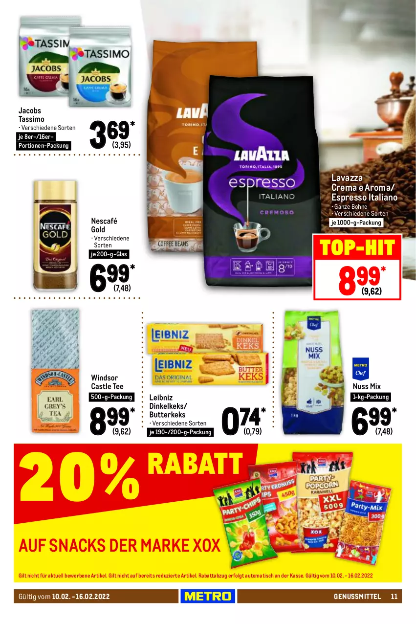 Aktueller Prospekt Metro - Food - von 10.02 bis 16.02.2022 - strona 11 - produkty: auto, bohne, butter, butterkeks, espresso, jacobs, jacobs tassimo, keks, lavazza, leibniz, LG, Nescafé, nescafé gold, nuss, sim, snack, snacks, tassimo, tee, Ti, tisch