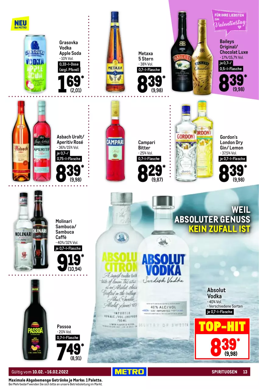 Aktueller Prospekt Metro - Food - von 10.02 bis 16.02.2022 - strona 13 - produkty: Absolut Vodka, Apple, asbach uralt, baileys, campari, cola, dry gin, flasche, getränk, getränke, gin, gordon, london dry, london dry gin, Metaxa, Molinari, nuss, Palette, passo, sambuca, Soda, spirituosen, Ti, vodka