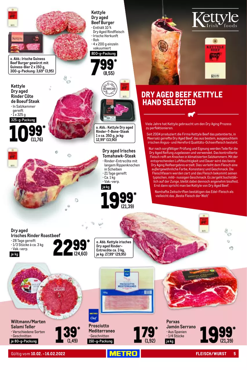 Aktueller Prospekt Metro - Food - von 10.02 bis 16.02.2022 - strona 5 - produkty: beef, bier, burger, eis, elle, entrecôte, fleisch, gewürz, jamón serrano, prosciutto, rind, rinder, rindfleisch, Rippen, roastbeef, salami, salz, schnitten, serrano, steak, teller, Ti, wiltmann, wurst