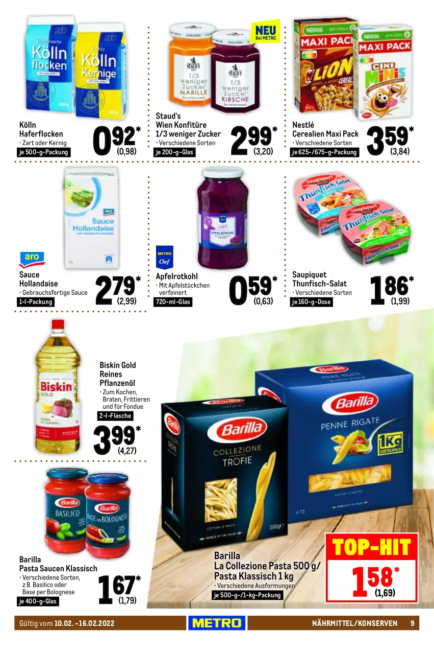 Aktueller Prospekt Metro - Food - von 10.02 bis 16.02.2022 - strona 9 - produkty: apfel, barilla, basilico, bolognese, braten, cerealien, fisch, flasche, Fondue, hafer, haferflocken, hollandaise, kölln, konfitüre, Konserven, nestlé, pasta, Pasta Sauce, pflanze, pflanzen, Pflanzenöl, Rauch, rotkohl, salat, sauce, sauce hollandaise, saucen, saupiquet, thunfisch, Ti, Tiere, zucker