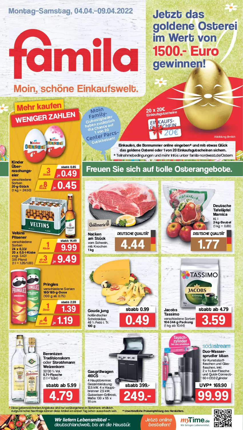 Aktueller Prospekt Famila - Prospekte - von 04.04 bis 09.04.2022 - strona 1 - produkty: angebot, angebote, Arnica, aust, berentzen, beutel, eier, eis, elle, flasche, gasgrill, gouda, gouda jung, grill, grillrost, gutschein, gutscheine, holländischer schnittkäse, jacobs, jacobs tassimo, Käse, Kinder, korn, lebensmittel, pils, pilsener, pringles, reis, ring, schnittkäse, schwein, sim, tafeläpfel, tassimo, teller, Ti, veltins, veltins pilsener, wasser, wein, weizenkorn