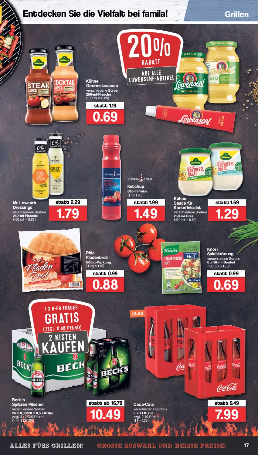 Aktueller Prospekt Famila - Prospekte - von 04.04 bis 09.04.2022 - strona 17 - produkty: beutel, brot, coca-cola, cola, decke, dressing, eis, Fladenbrot, flasche, grill, kartoffel, kartoffelsalat, ketchup, knorr, Kühne, löwensenf, pils, pilsener, regal, reis, salat, salatkrönung, sauce, saucen, senf, Ti