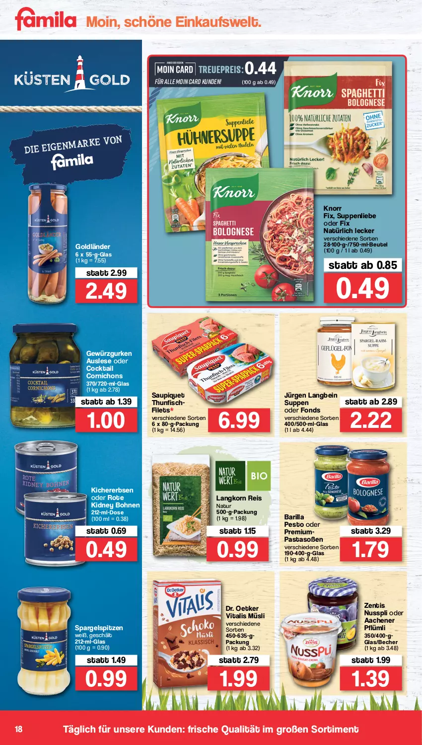 Aktueller Prospekt Famila - Prospekte - von 04.04 bis 09.04.2022 - strona 18 - produkty: barilla, Becher, beutel, bohne, bohnen, cocktail, Dr. Oetker, eis, erbsen, filet, filets, fisch, gewürz, Gewürzgurke, gewürzgurken, gurke, gurken, kichererbsen, kidney, kidney bohnen, knorr, knorr fix, korn, müsli, natur, nuss, nusspli, pasta, pesto, reis, saupiquet, Soße, spargel, suppe, suppen, suppenliebe, thunfisch, Ti, vita, vitalis, vitalis müsli, zentis