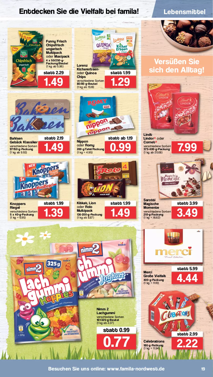 Aktueller Prospekt Famila - Prospekte - von 04.04 bis 09.04.2022 - strona 19 - produkty: bahlsen, beutel, chips, chipsfrisch, decke, ente, erbsen, Funny Frisch, kichererbsen, kitkat, knoppers, lachgummi, lebensmittel, lindor, lindt, lion, lorenz, merci, Nimm 2, nippon, quinoa, riegel, saro, sarotti, Ti