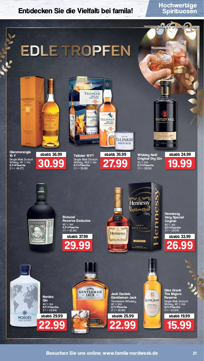 Aktueller Prospekt Famila - Prospekte - von 04.04 bis 09.04.2022 - strona 21 - produkty: Cognac, decke, dry gin, flasche, gin, Glen Grant, jack daniel, jack daniels, scotch, scotch whisky, single malt, spirituosen, tennessee whiskey, Ti, tuc, whiskey, whisky
