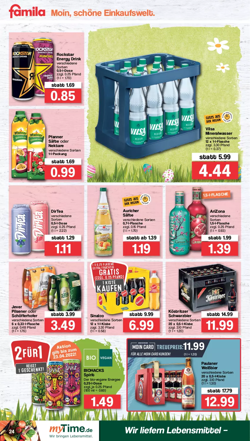 Aktueller Prospekt Famila - Prospekte - von 04.04 bis 09.04.2022 - strona 24 - produkty: Alwa, bier, bio, drink, eis, energy drink, Ergee, flasche, frucht, jever, jever pilsener, köstritzer, lebensmittel, mineralwasser, Nektar, Paula, paulaner, pfanne, Pfanner, pils, pilsener, reis, Rockstar, säfte, schöfferhofer, sinalco, Ti, vilsa, wasser